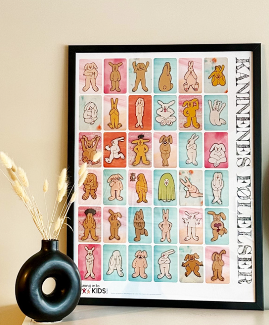 en vase og et bilde av kaniner som uttrykker følelser