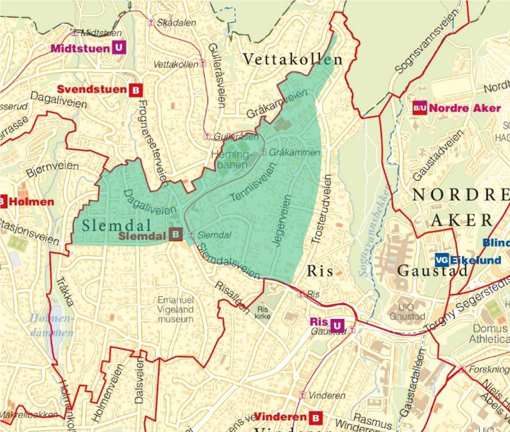 Skisse som viser geografisk fordeling av Slemdals elever